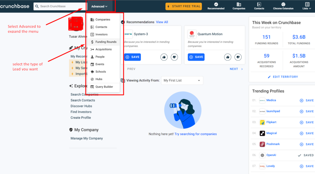 Crunchbase lead selection.